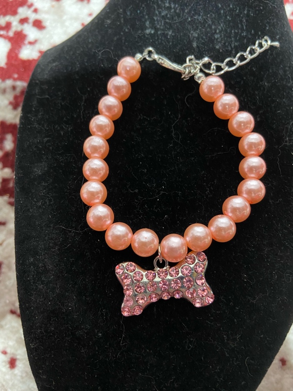 Pink Faux Pearl Beaded Bracelet with Pink Rhinestone Bone Charm